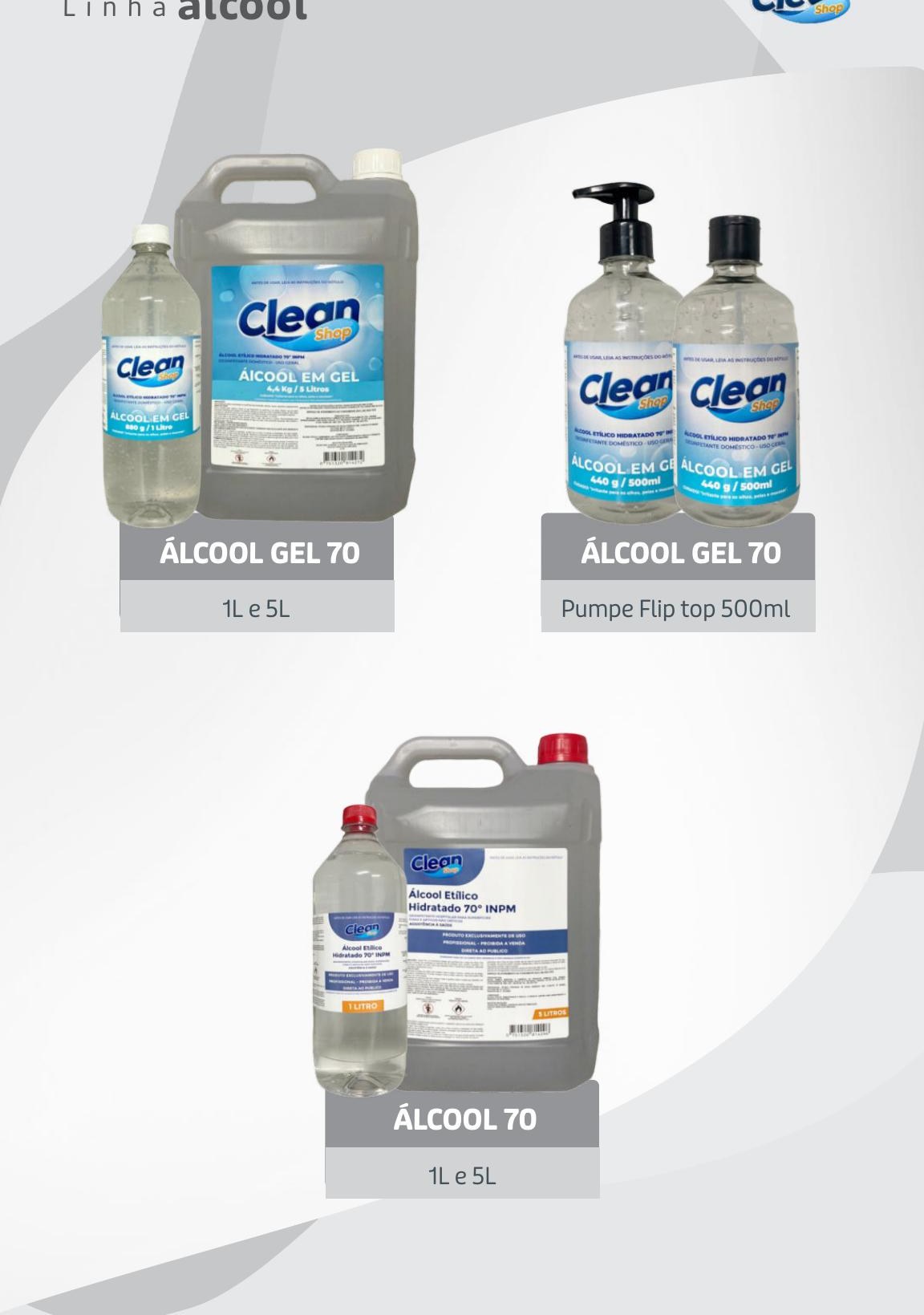 Álcool gel 70 CleanShop em diversos formatos