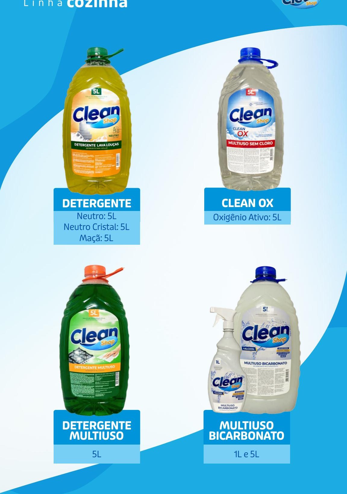 Produtos da linha cozinha CleanShop: detergente, Clean Ox, detergente multiuso e multiuso bicarbonato